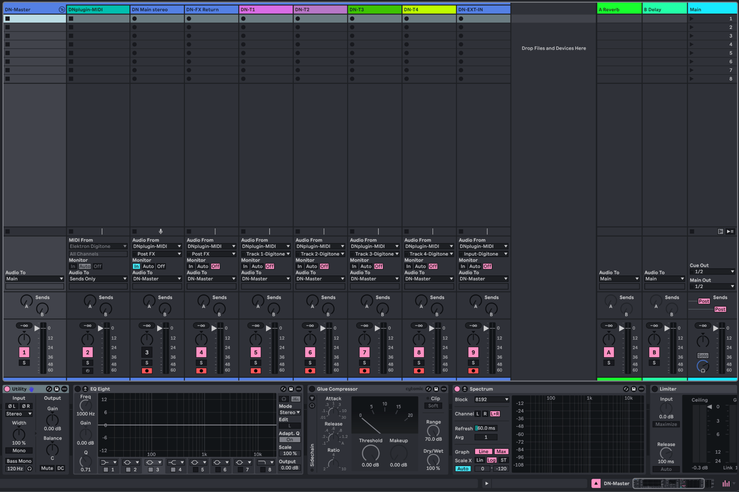 Ableton Live arrangement with Digitone Overbridge routing